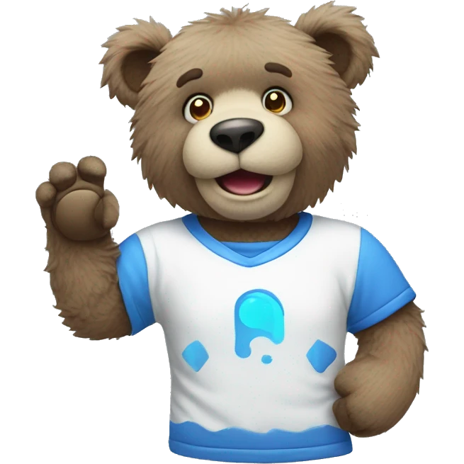 Blue fuzzy bear wearing a gaming shirt waving  emoji