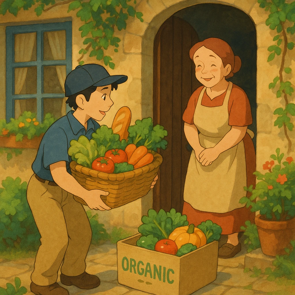 ghibli style cozy scene of organic product delivery at the door of a house emoji
