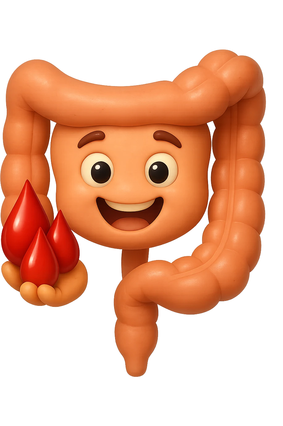 emoji stile iphone 3d di stomaco e intestino collegati verticalmente con 3 gocce di sangue 3d in mano, iperrealistiche 4k emoji