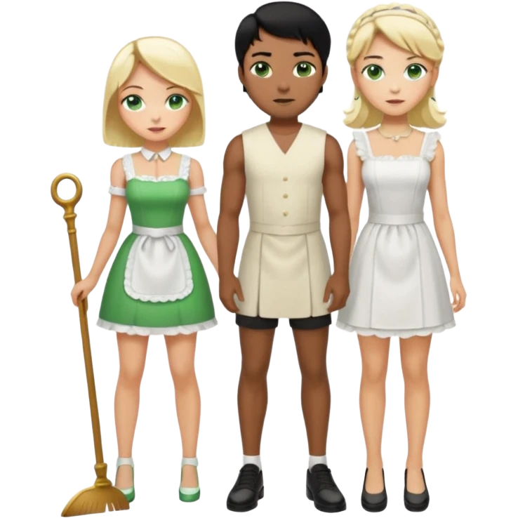 King, black hair, body, legst, blue eyes, shoes, maid blonde hair, green eyes, sexy short sleveless White dress, shoes emoji