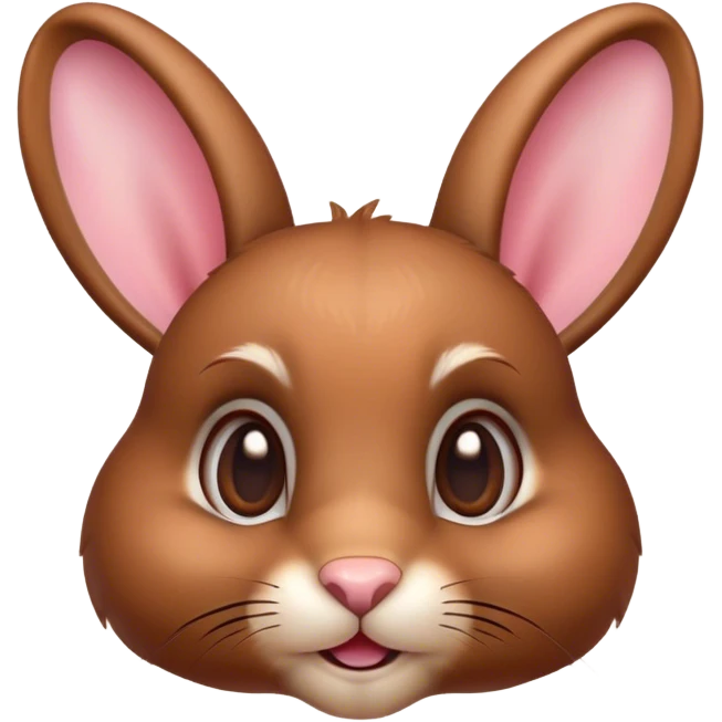 Cinematic Cute Brown Rabbit Portrait Emoji, Head tilted playfully and inquisitively, featuring a glossy, velvety brown fur with perky ears, round, sparkling brown eyes filled with curiosity, Simplified yet irresistibly adorable features, highly detailed, glowing with a warm, friendly glow, high shine, affectionate and lively, stylized with a touch of whimsy, bright and endearing, soft glowing outline, capturing the essence of a mischievous yet loving bunny, so playful it feels like it could hop out of the screen and into your arms! emoji