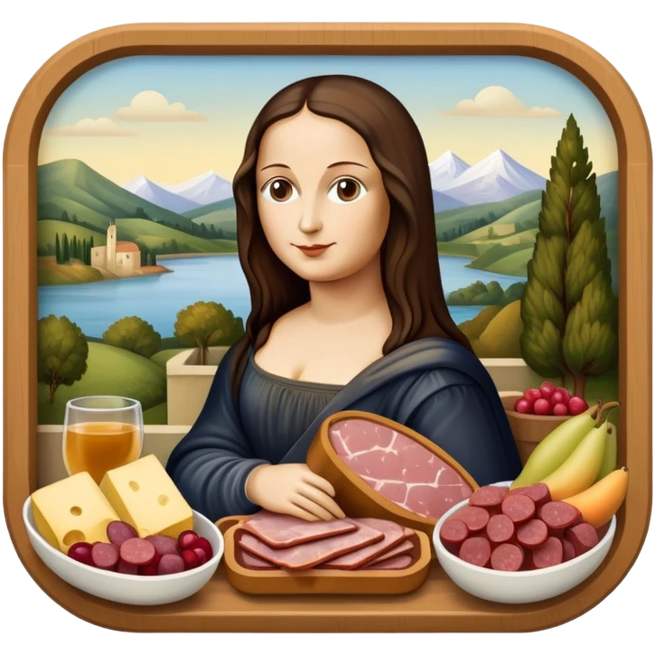  mona lisa with SPAM MEAT charcuterie and fruit tray renaissance landscape emoji