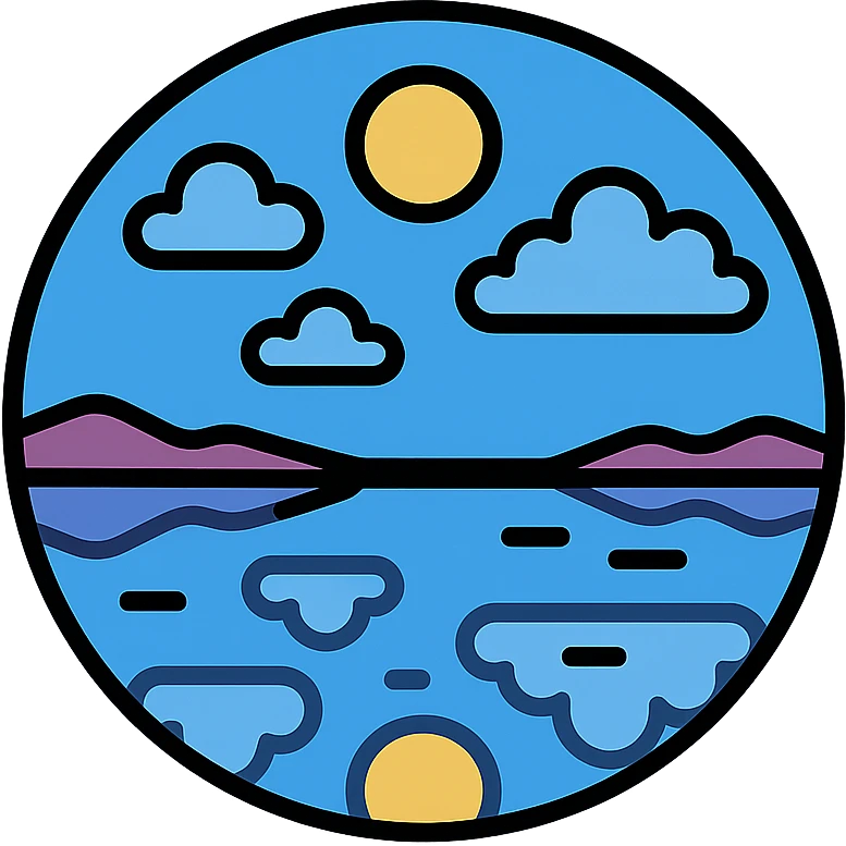 icon style of Uyuni salt flat desert with sky reflection, clear sky and clouds, water reflecting the sky, mystical and peaceful atmosphere emoji