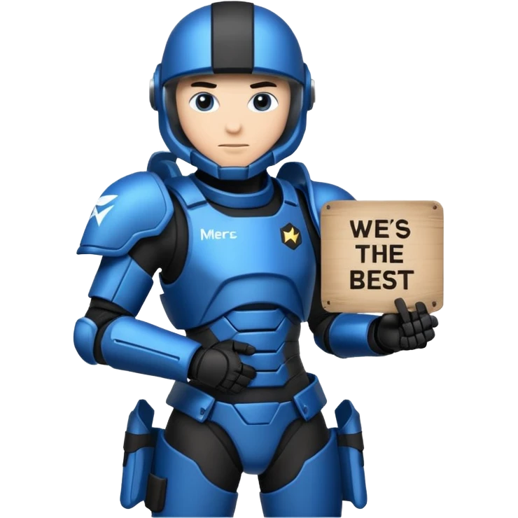 a futeristic scifi soldier in blue and black holding a sign saying Mercs, under this futeristic scifi in blue and black holding a sign is the text we are the best. in gif emoji