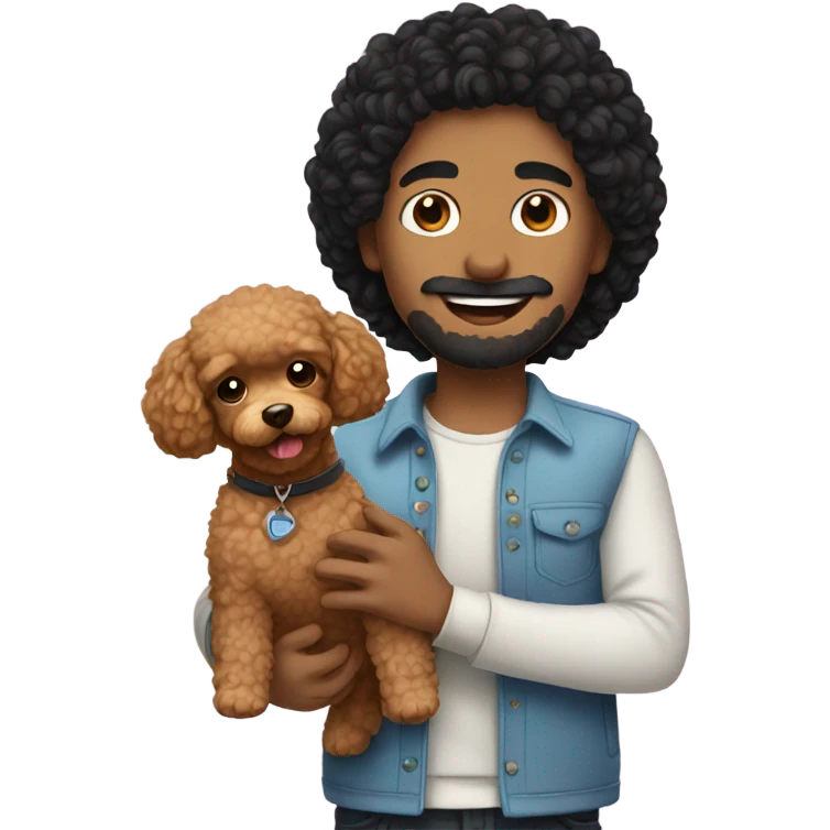 Man with black hair holding toy poodle emoji