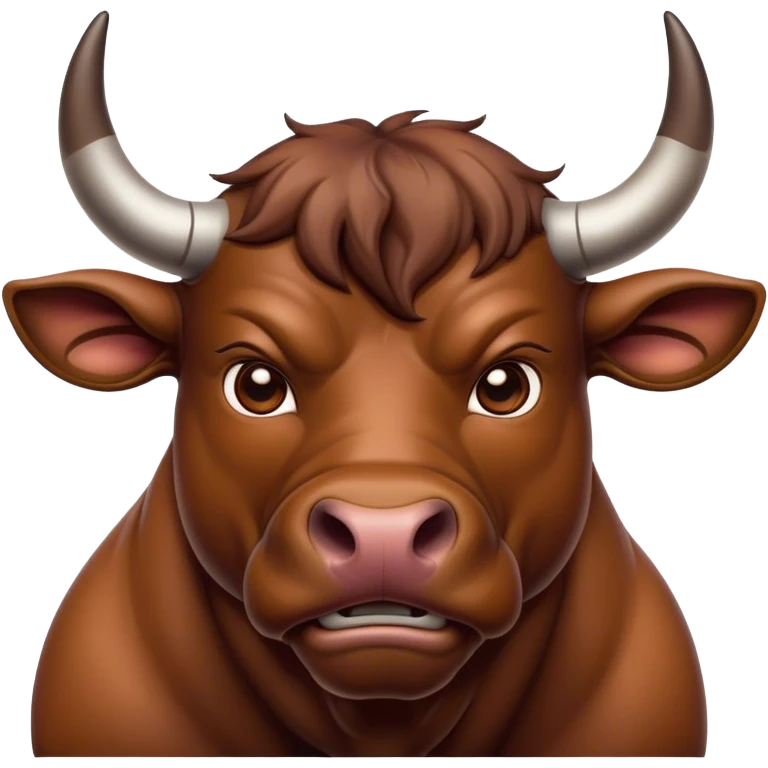 Cinematic Noble Brown Bull Portrait Emoji, Poised and regal, with a massive, muscular build and a sleek, well-groomed rich brown hide, deep-set soulful dark eyes, Simplified yet sharp and sophisticated features, highly detailed, glowing with a soft, dignified glow, high shine, intelligent and formidable, stylized with an air of strength, focused and attentive, soft glowing outline, capturing the essence of a watchful and confident guardian, so majestic it feels as though it could charge out of the screen with effortless authority! emoji