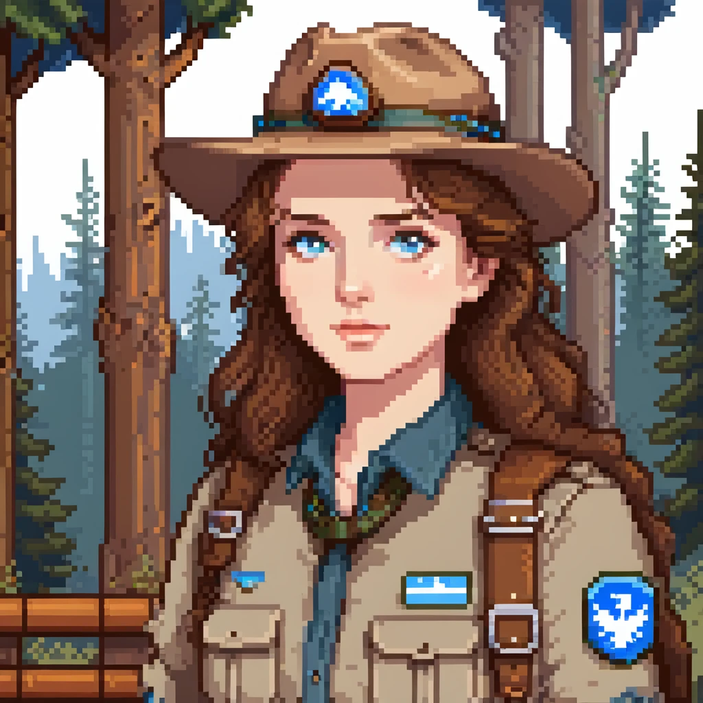 white woman park ranger with brown hair and blue eyes in a nature background emoji
