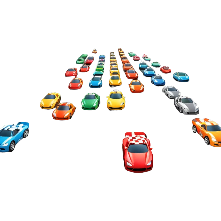 grandstands filled with cheering crowds, checkered flags waving, and traffic lights signaling the start, with a thrilling atmosphere of anticipation and speed. Sporty cars and motorcycles lined up at the starting line, ready to race, with a vibrant racetrack in the background. emoji