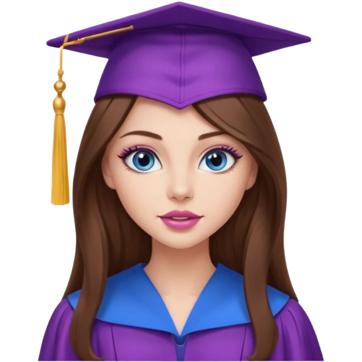 stunning girl with gorgeous long brown hair, blue eyes, long lashes makeup, sexy pink lips, wearing a purple graduation cap and gown emoji