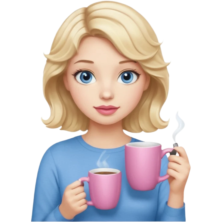 Girl Blonde short wavy hair,  blue eyes, cute blue top, long lashes, pink lips, holding coffee mug emoji