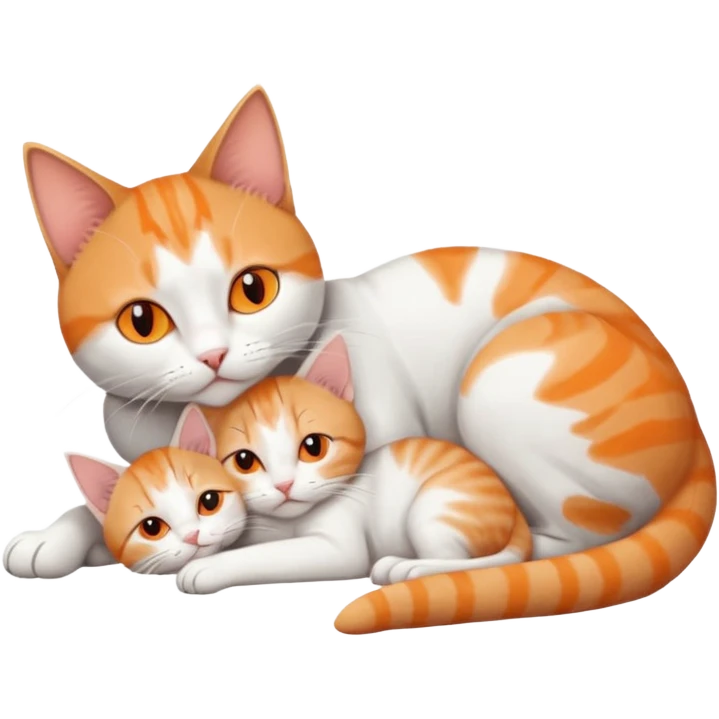 full body of a grey and white cat cuddling a very small + skinny ginger and white kitten with deep orange eyes and triangular shaped face lying down emoji