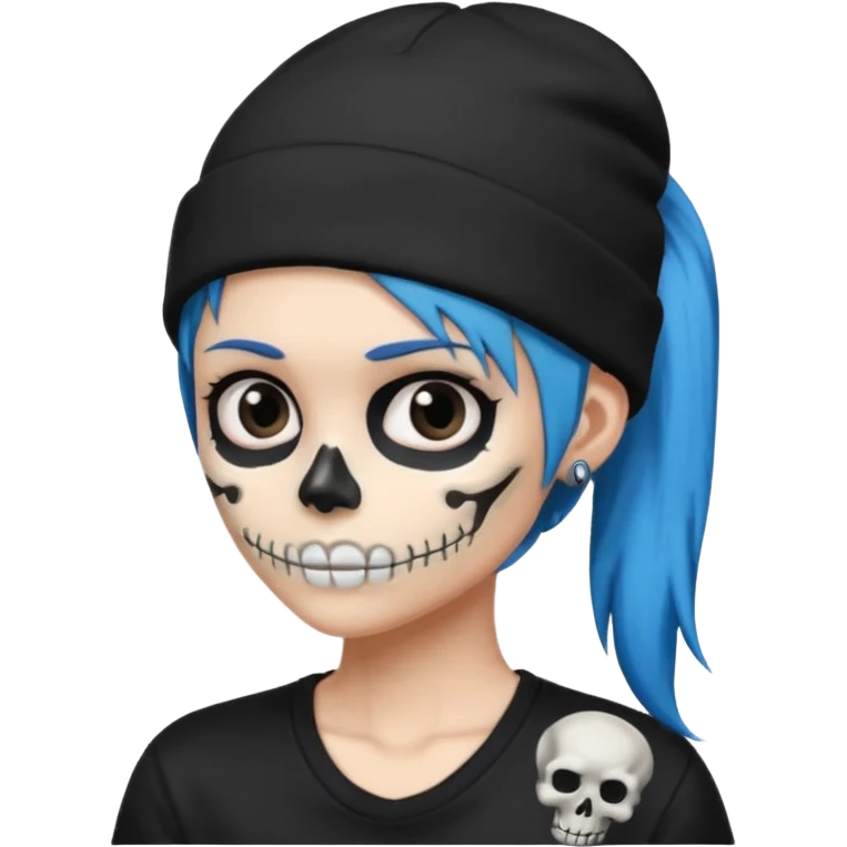 Spiky blue hair in a side ponytail wearing a black beanie with a skeleton logo on the front emoji