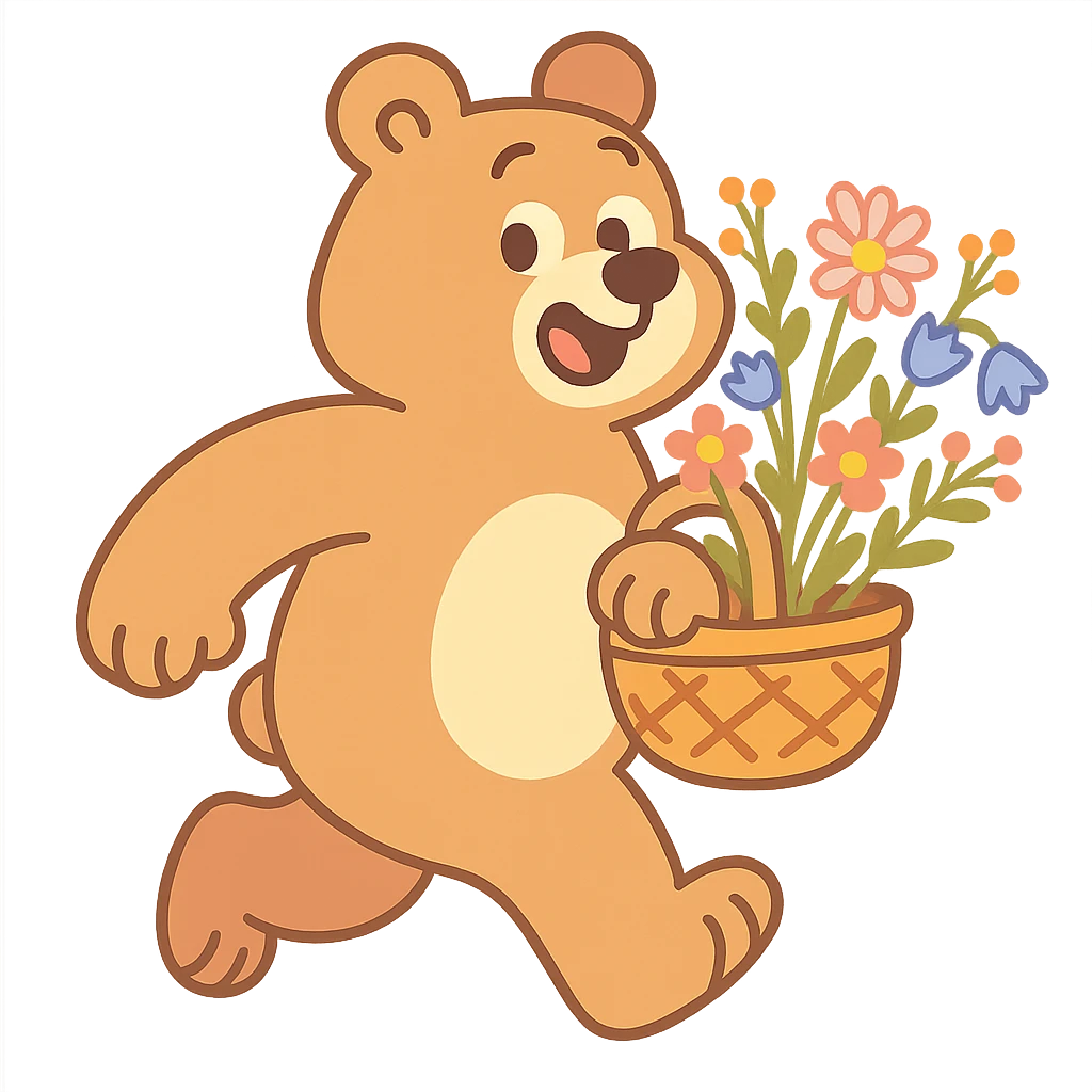 bear carrying a basket of wildflowers, soft pastel brown and cream, pastel-toon style emoji