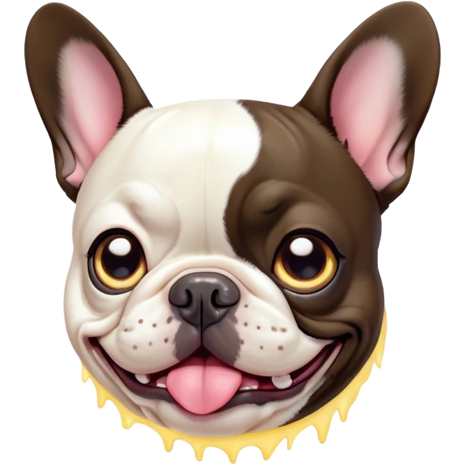 Cinematic Comical Pied French Bulldog Portrait Emoji, Head tilted with an exaggeratedly shocked, comical expression and wide, humorously expressive eyes, showcasing a distinctive pied fur of contrasting hues and a charmingly goofy face, simplified yet hilariously detailed, glowing with a sassy, playful radiance, high shine, exuding a mischievous and meme-worthy charm, styled with a soft glowing outline, capturing the essence of a Pied French Bulldog that looks ready to spark a viral laugh! emoji