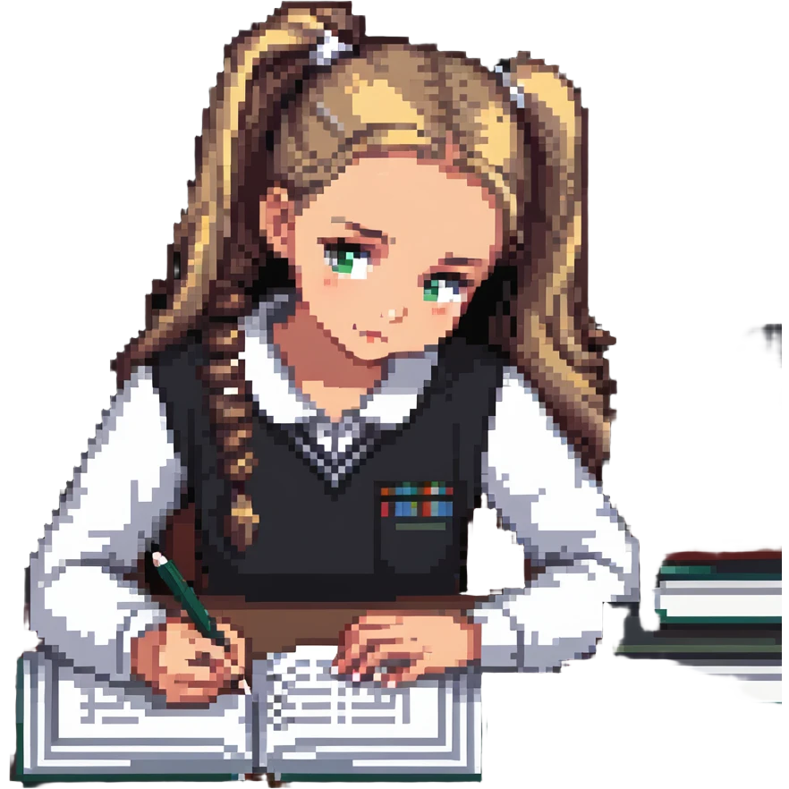 Girl with ponytail working on exam at desk with textbooks emoji