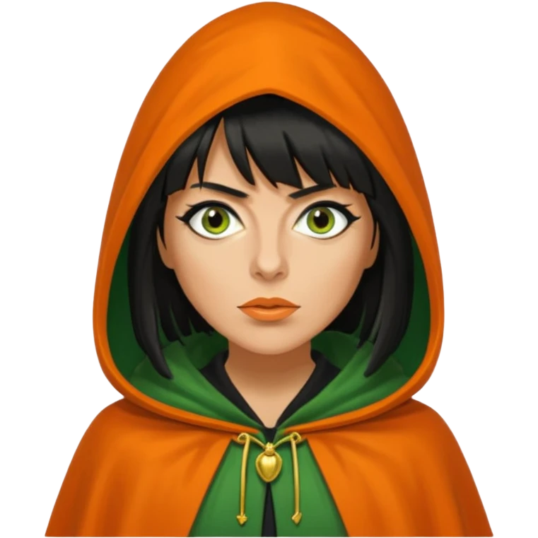 claudia winkleman with a heavy fringe and an orange tan as a traitor with a green hooded cloak with a gold clasp and dark black eyeliner emoji