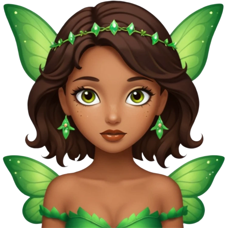 Pretty girl with caramel skin. Dark brown hair and brown eyes. She has freckles. Wearing sexy makeup. Wearing a green fairy costume and heels emoji