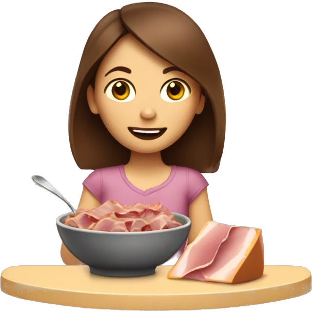 Girl with brown hair eating a Bowl with ham, cheese, and olives  emoji