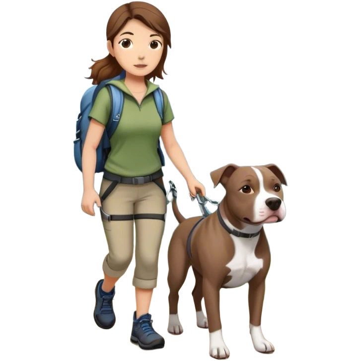 Girl with brown hair hiking with grey pit bull emoji