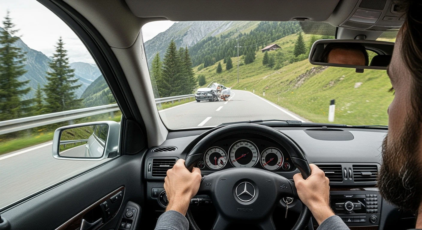 Realistic camshot pov car (hands holding mercedes car wheel) switzerland road with car crash emoji