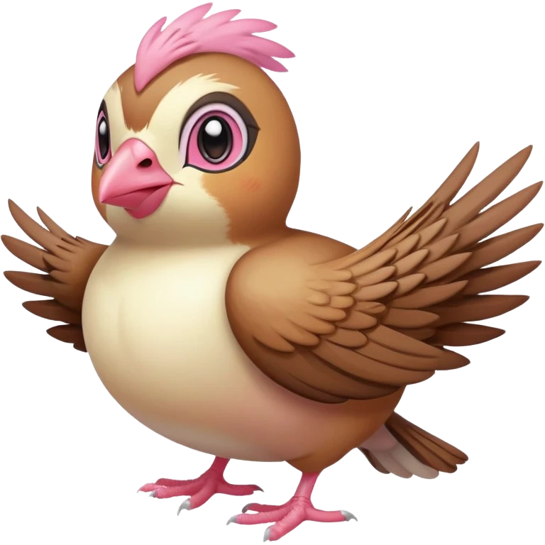 pidgey, small brown bird, cream face and belly, pink feet, short beak, wings spread emoji