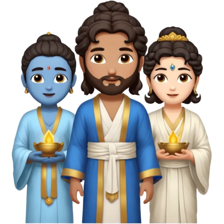 Create a Jesus - long wavy dark-brown hair, short beard, wearing a simple white robe., Krishna- blue skin with dark curled hair , and Buddha standing together. Buddha: warm golden or light tan skin, dark curled hair with a traditional top bun (ushnisha)

 emoji