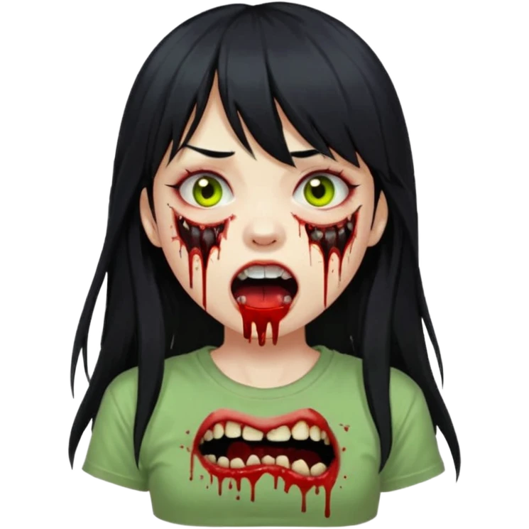 Garota de cabelo longo e preto com franja. com a pele esverdeada e ferimentos expostos cobertos com sangue. usa uma camiseta branca rasgada e suja. Está com a boca aberta e seus dentes estão amarelados. emoji