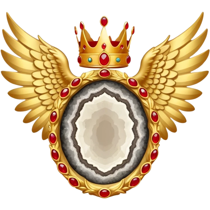 Big onyx geode with red rubby dots inside award-in-frame-decorated-with-big-golden-angel--wings and crown emoji