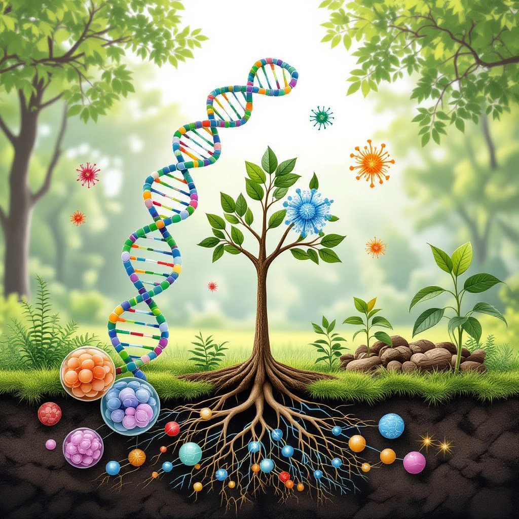 A realistic biological illustration (like in a school book) showing: DNA strands transitioning into a tree, cells with visible organelles, neurons connected to plant roots  and a balanced ecosystem background . Seamless integration, no labels or borders, white background, detailed but minimalist.  emoji