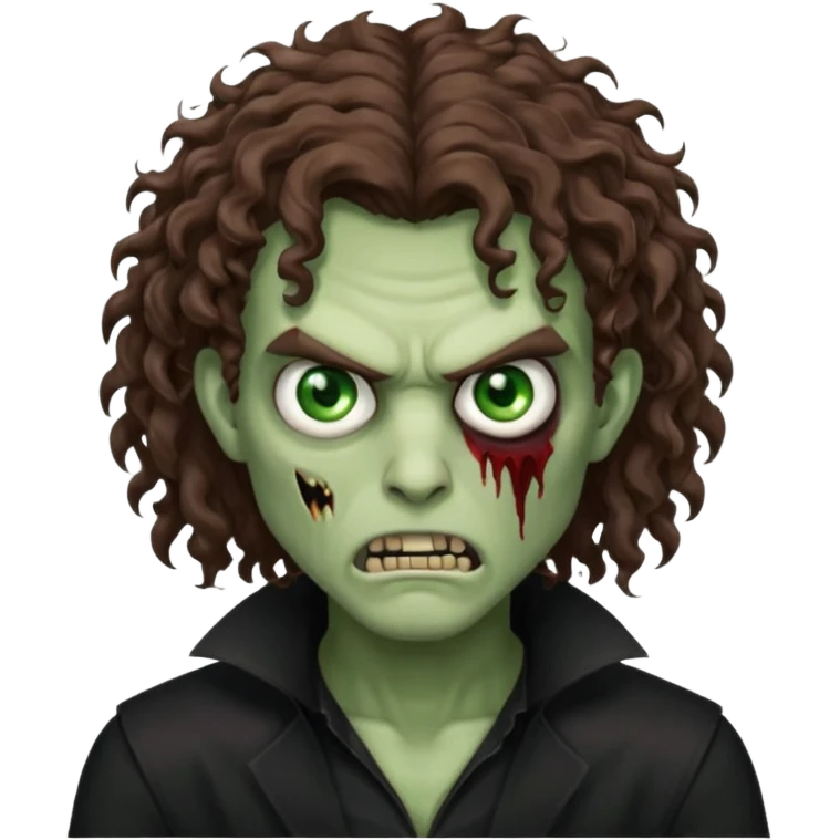 long curly haired male zombie with brown hair color and green eye color, with dark vampire clothes and angry face emotion emoji