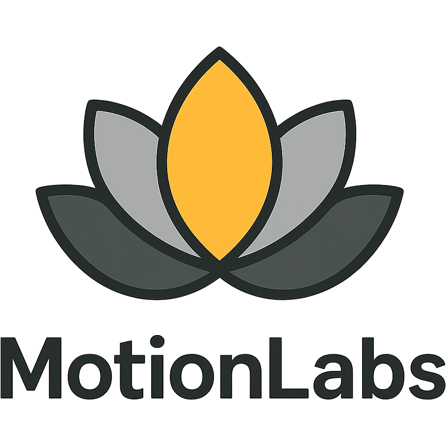 elegant logo for MotionLabs with lotus flower, colors #ffa31a, #808080, #292929, dark background emoji