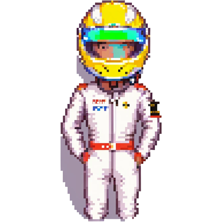 Ayrton Senna, pixel art, profile image, racing driver, helmet under arm, retro arcade style, simple background emoji