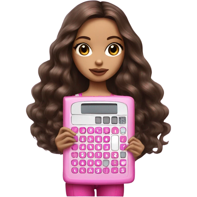 Hyper realistic bratz doll brunette with pink calculator emoji