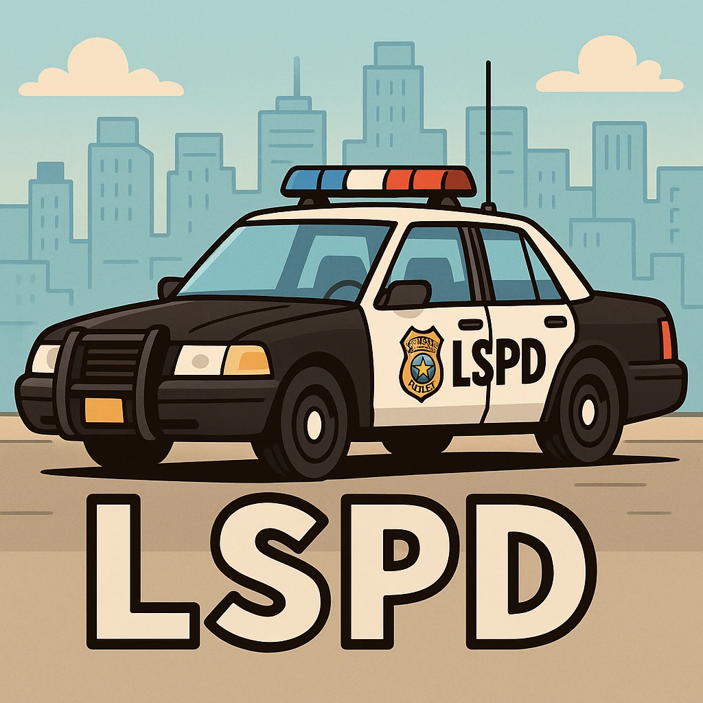 Make the police car black and white, add a city background, and add the caption 'LSPD' in a cartoon style. emoji