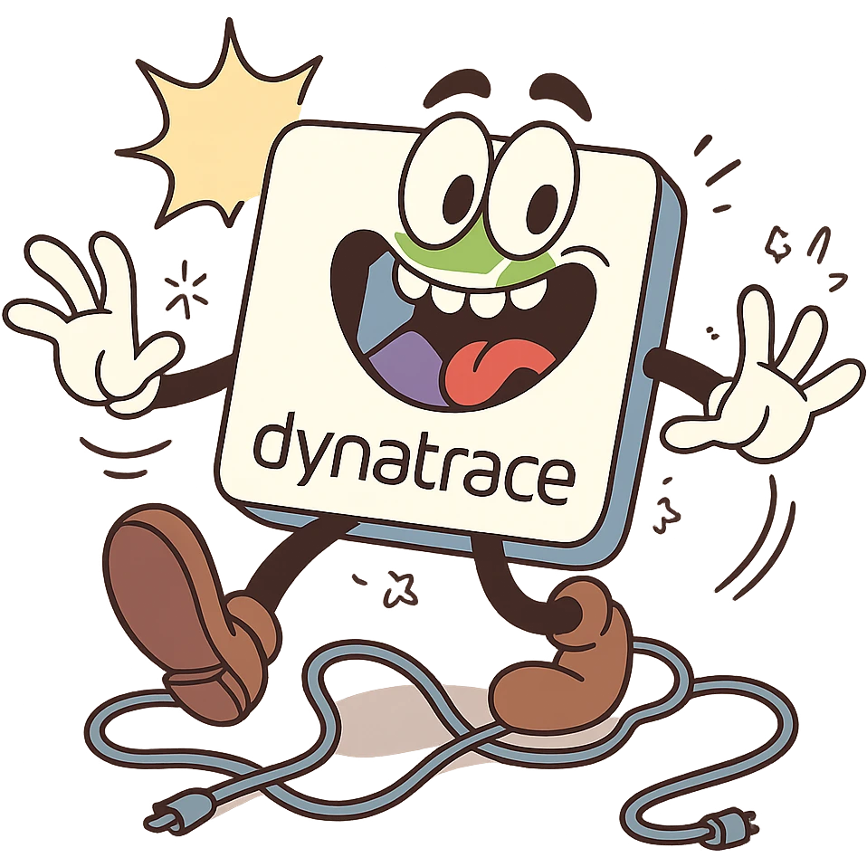 Dynatrace logo as a goofy mascot tripping over cables with a big smile and comic effects emoji