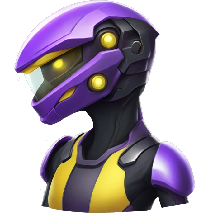 a shiny black-purple-yellow Genesect-Raptor-Fakémon—hybrid with a futuristic visor-helmet full bod emoji