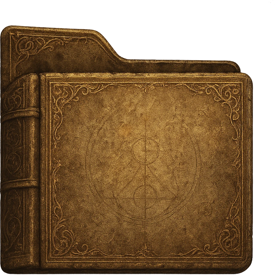 A Windows 11 folder icon recreated in the general style of Elden Ring prayerbooks. Blend the folder's modern shape and layout with the aged, ornate, textured, and slightly mystical look of the prayerbooks, without leaning too heavily into any single book's details. The folder cover is blank. Transparent background. 1080x1080 resolution. emoji