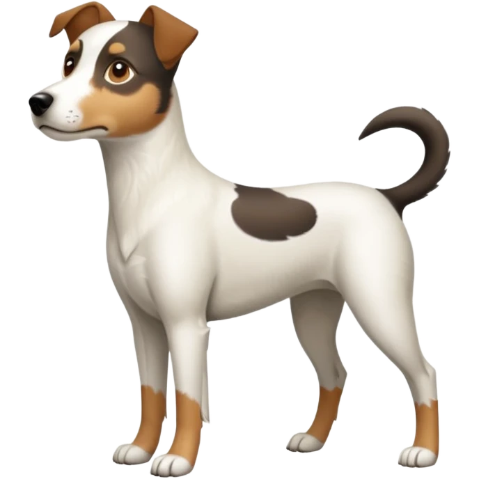 a full body large white parson russell looking dog the size of a kelpie with light brown flopped down ears and a light brown patch on one eye and a large snout emoji