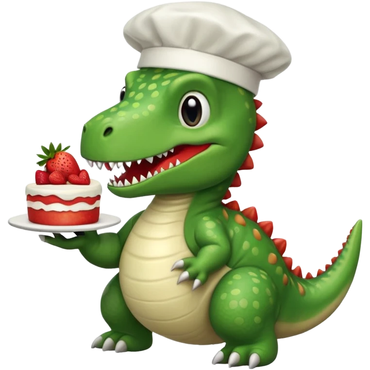 quiero un dinosaurio divertido para niños con delantal y gorro de chef y en la mano una tarta emoji