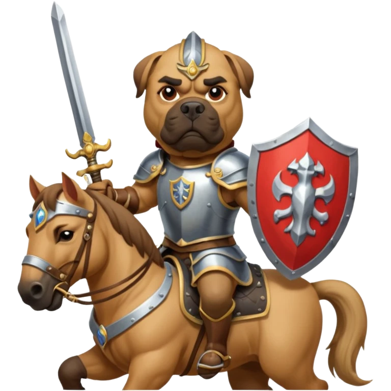 A bullmastiff as a legend with sword and shield on a horse emoji
