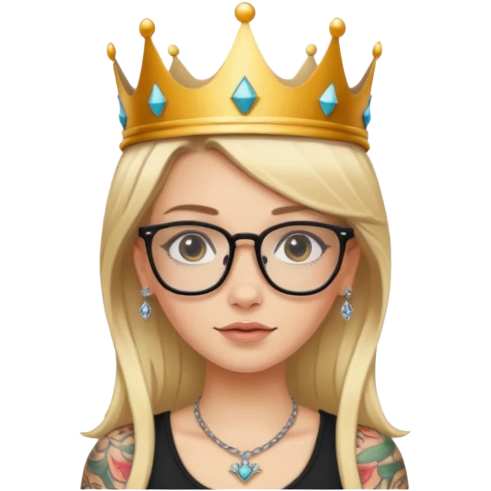 beautiful white girl with tattoos,  straight hair wearing a crown and glasses with long blond hair  emoji