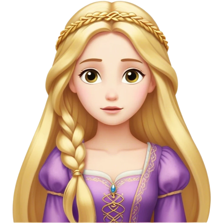Cinematic Serene Rapunzel Portrait Emoji, rendered in a simplified vector style. Depict a gentle Rapunzel (chest and above) with delicate porcelain skin and long, shimmering golden hair, her expression calm and reflective, dressed in her traditional attire. The image is imbued with a soft, luminous glow and a subtle glowing outline. emoji