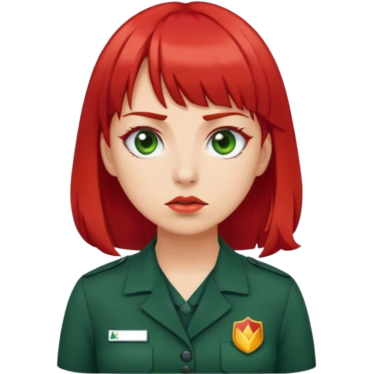 Woman with red bangs dark green work dress  and work badge  emoji
