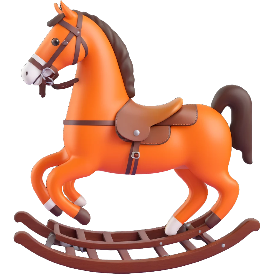 rocking horse, 3D, vintage, dark wood, Hermès orange leather saddle, elegant, no text emoji