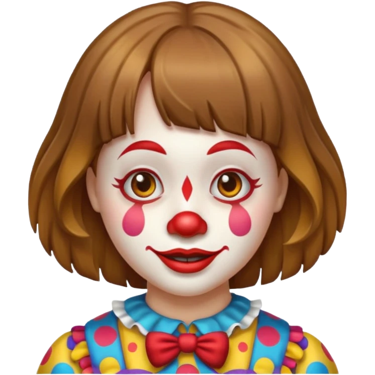 A clown emoji with brunette bangs long hair emoji