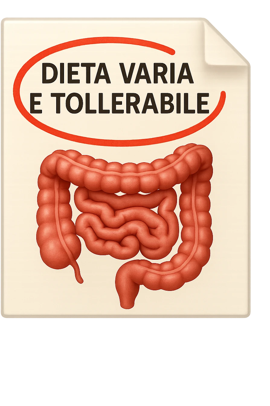 emoji stile iphone di un foglio con un INTESTINO disegnatO sopra e la scritta "DIETA VARIA E TOLLERABILE" CERCHIATA IN ROSSO, iperrealistico 4k, isolato su sfondo bianco emoji