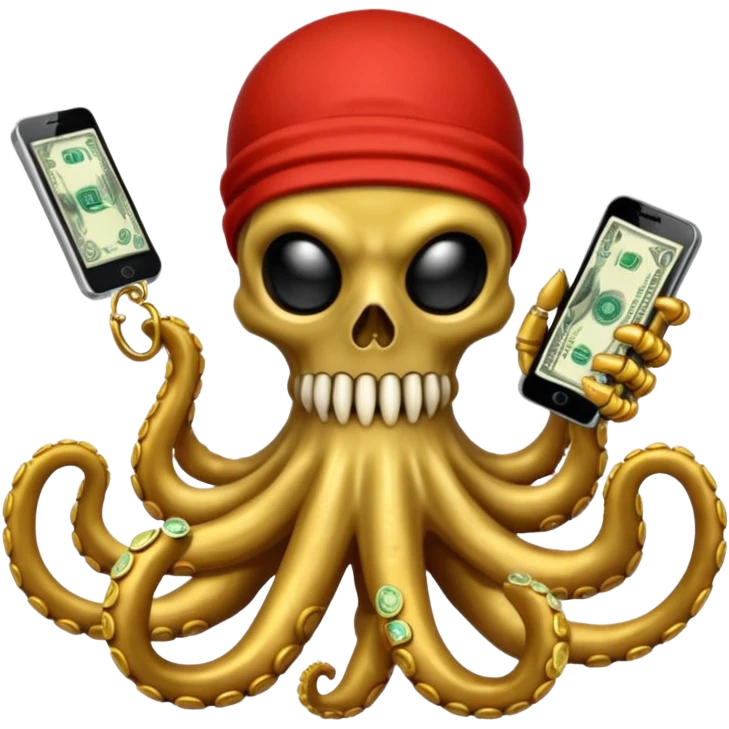 satanic octopus skeleton with scary evil eyes wearing a gold necklace and balaclava. 1 tentacle is holding a cellphone, 1 tentacle is holding a bone, 1 tentacle is holding a stack of cash. emoji