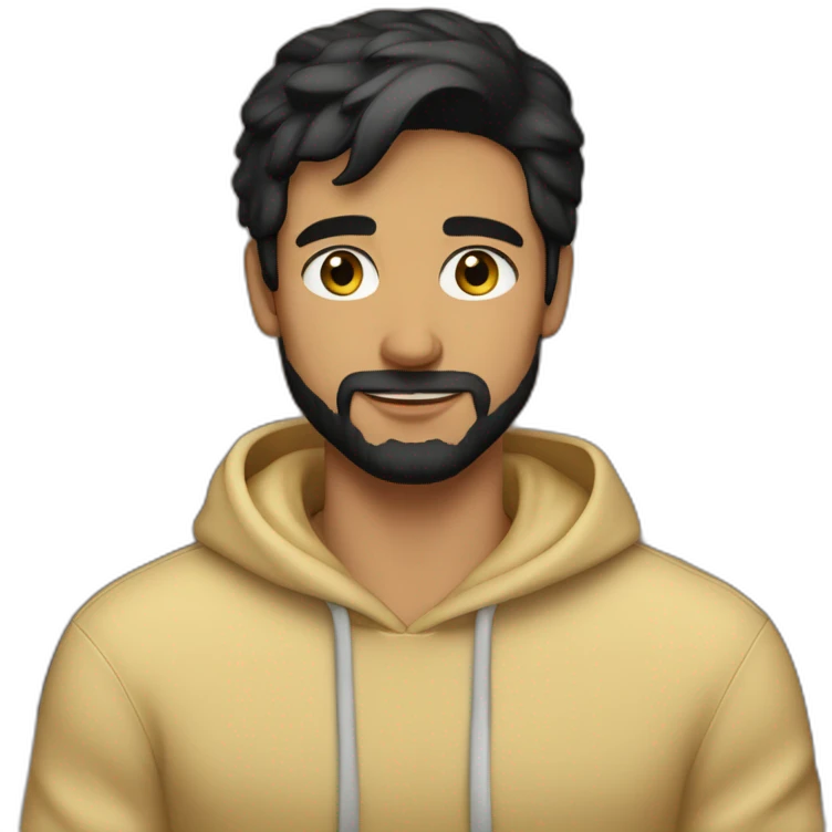 olive skin man with white black spotted cat on lap with short beard hazel eyes and black hair wearing hoodie emoji