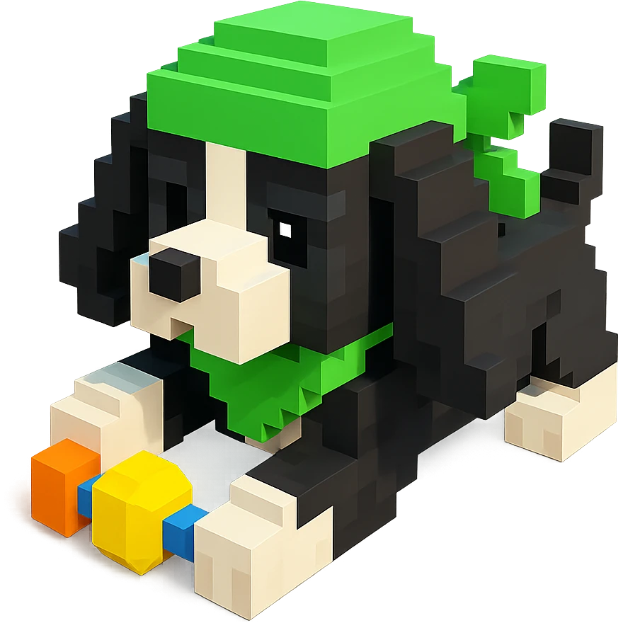 A black and white Russian Cocker Spaniel puppy wearing a green durag, voxel style, playing with a toy emoji