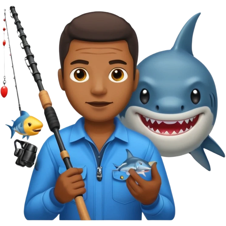 Black man with a fishing rod and a shark, emoji style emoji